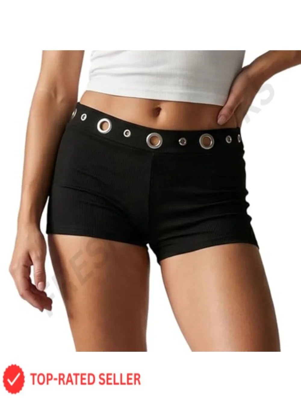 Y2K Grommet Eyelet Micro Mini Shorts High Rise Punk Rave Pull On Black